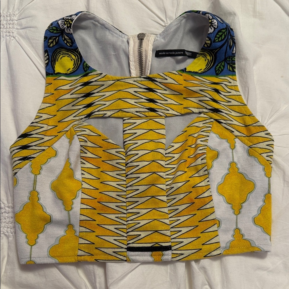 Brazilian Brand Oh Boy Yellow & Blue Patterned Cutout Crop Top